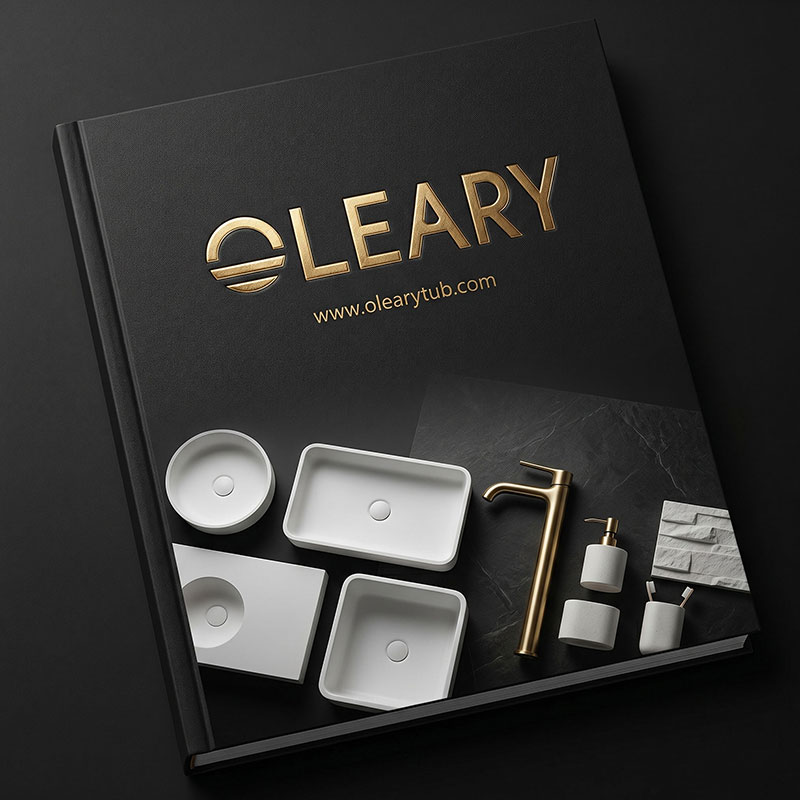Oleary 高级黑金质感人造石卫浴产品画册封面，集中展示多款纯白人造石洗手盆、台上盆及配套轻奢卫浴五金件。