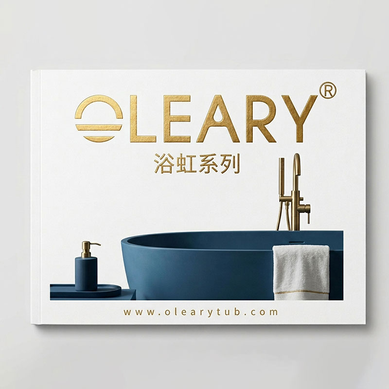 Oleary 人造石浴缸系列专属产品图册，封面呈现高级深蓝色独立式深泡浴缸与黄铜落地水龙头，专供星级酒店与高端商业工程选型。